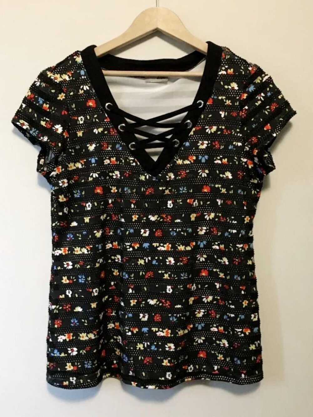 VTG Y2K Zoe Black Mesh Rainbow Floral Lined Corset Collar Top M Whimsigoth